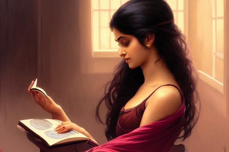 Image similar to sensual good looking pale young bengali girl with soulful eyes reading a novel, portrait, elegant, intricate, digital painting, artstation, concept art, smooth, sharp focus, illustration, art by artgerm and greg rutkowski and alphonse mucha