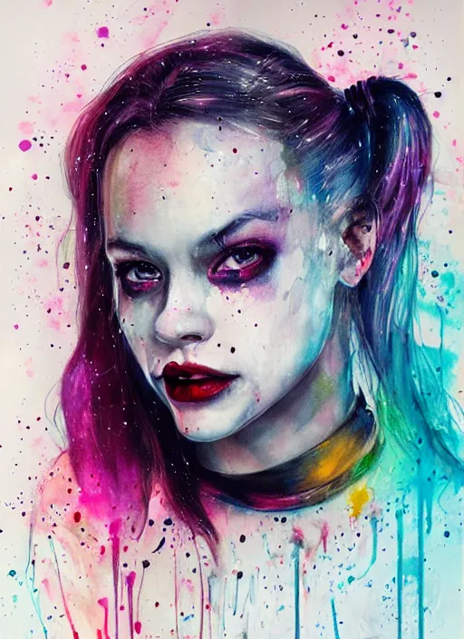 Prompt: harley quinn by agnes cecile, luminous design, pastel colours, ink drips, autumn lights