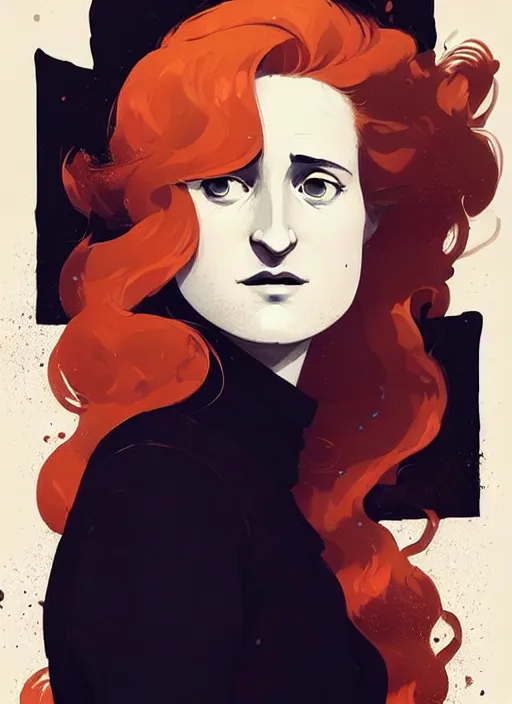 Image similar to highly detailed closeup portrait of beautiful grace gummer as dom dipierro, wavy ginger hair, black dress, by atey ghailan, by greg rutkowski, by greg tocchini, by james gilleard, by joe fenton, by kaethe butcher, gradient orange, black and white color scheme, grunge aesthetic!!! ( ( graffiti tag wall background ) )