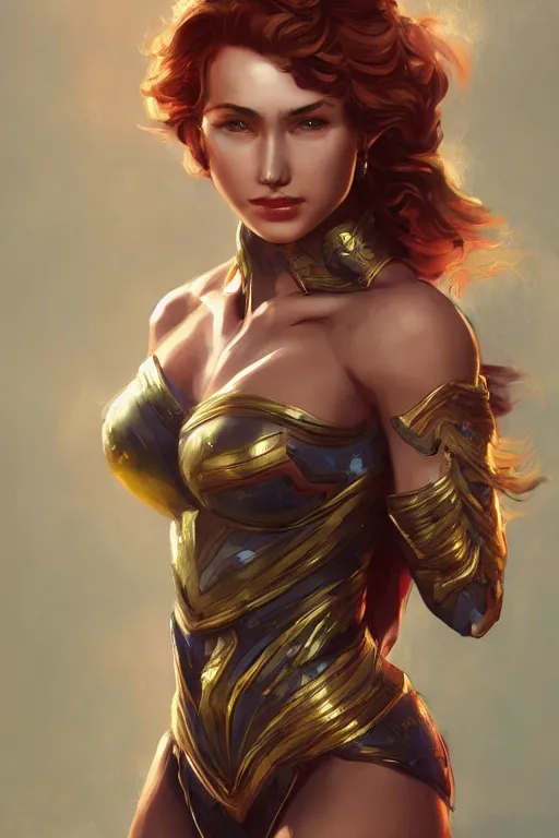 Image similar to three quarters portrait pose of a beautiful woman, strong body,super heroine costume,super powers, fantasy, intricate, elegant, highly detailed, digital painting, artstation, concept art,shining, sharp focus, illustration, art by Stanley Lau