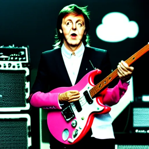 Image similar to Paul McCartney playing a Squier Hello Kitty Stratocaster, 8k, high definition, highly detailed, photorealistic