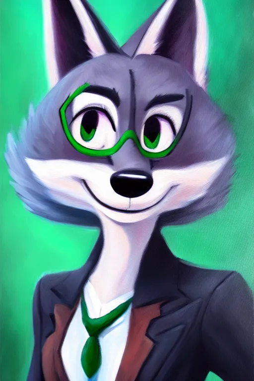 Image similar to oil painting of anthromorphic female wolf, in style of zootopia, female fursona, furry, furaffinity, 4 k, deviantart, furry art, fursona art, wearing black business suit, business suit, wolf fursona, female, smug expression,