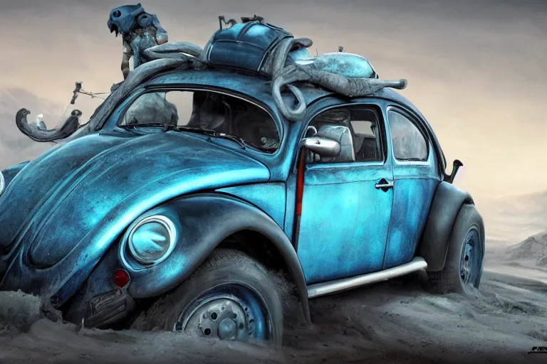 Prompt: a Volkswagen beetle, in Mad Max style, coriolios rpg art style, full of details, dark sci-fi, cold blue colors, matte painting, artstation, 8k, hyperrealistic, style of peter mohrbacher