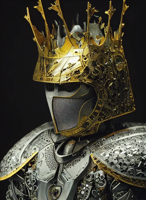 Image similar to portrait of king arthur knight cyborg, kintsugi, modern fine art, fractal, intricate, elegant, highly detailed, digital photography, subsurface scattering, parallax, cinematic back lighting, by jheronimus bosch and frank miller and greg rutkowski,