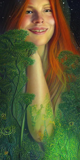 Image similar to infp young woman, smiling amazed, golden fireflies lights, sitting in the midst of nature fully covered, long loose red hair, intricate linework, bright accurate green eyes, small nose with freckles, oval shape face, realistic, expressive emotions, dramatic lights spiritual scene, hyper realistic ultrafine art by michael cheval, jessica rossier, boris vallejo