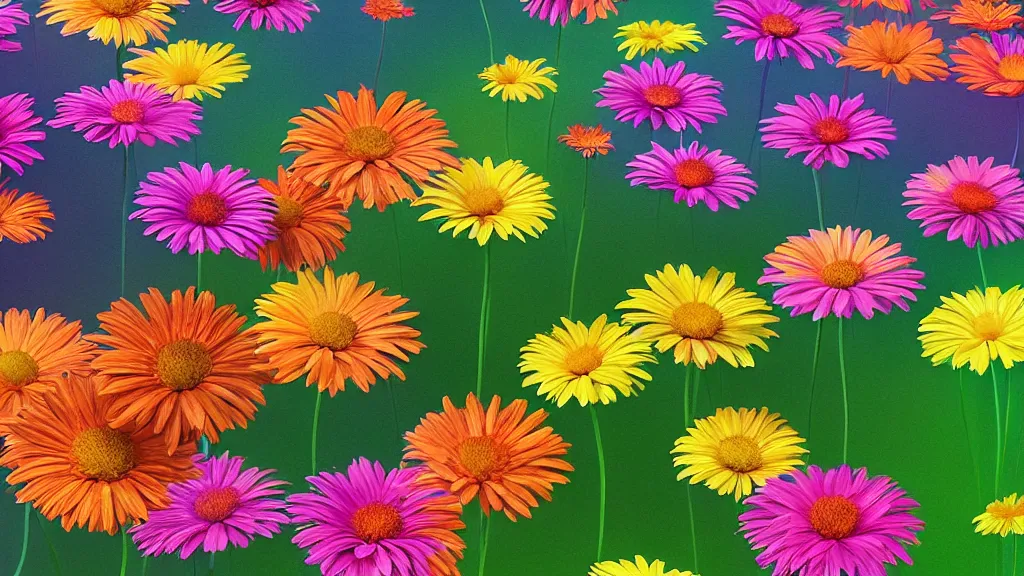 Prompt: digital illustration of a forest of towering multi - colored gerber daisy megaflowers by dr. seuss, reimagined by ilm and beeple : 1 | megaflora, spectral color, electric color, rolling hills : 0. 9 | fantasy : 0. 9 | unreal engine, deviantart, artstation, hd, 8 k resolution : 0. 8