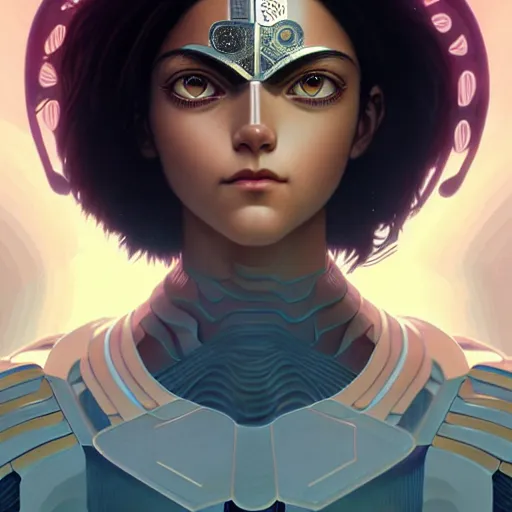 Image similar to Character Portrait of Battle Angel Alita surrounded by geometric nodes, face, fantasy, intricate, elegant, highly detailed, digital painting, artstation, concept art, smooth, sharp focus, illustration, art by Oscar Chichoni and Fernanda Suarez and Artem Demura and alphonse mucha