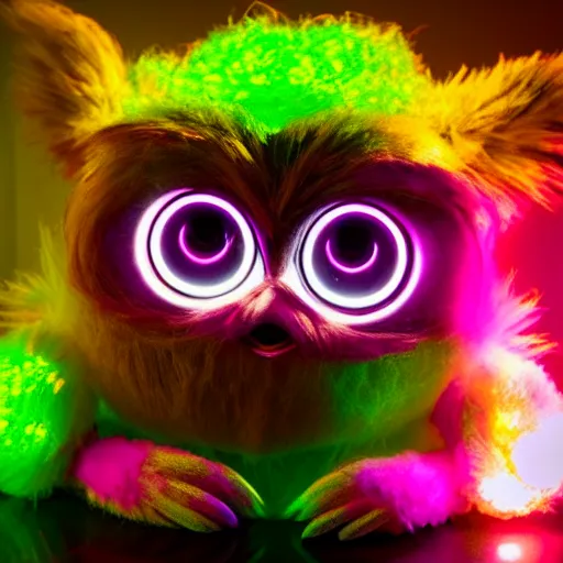 Prompt: photo of a furby emerging from a toxic waste barrel, glowing green