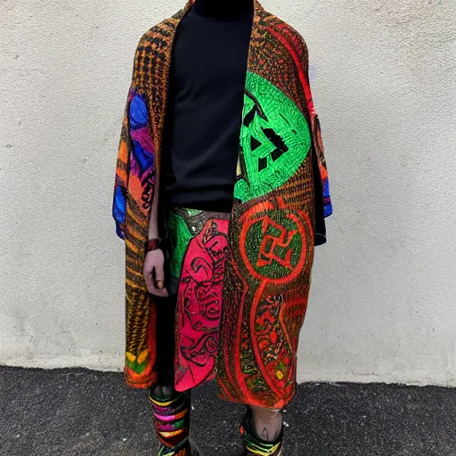 Prompt: gucci versace colorful intense intricate textile chiton himation cloak tunic streetwear cyberpunk modern fashion jupiter beguiled by juno on mount ida