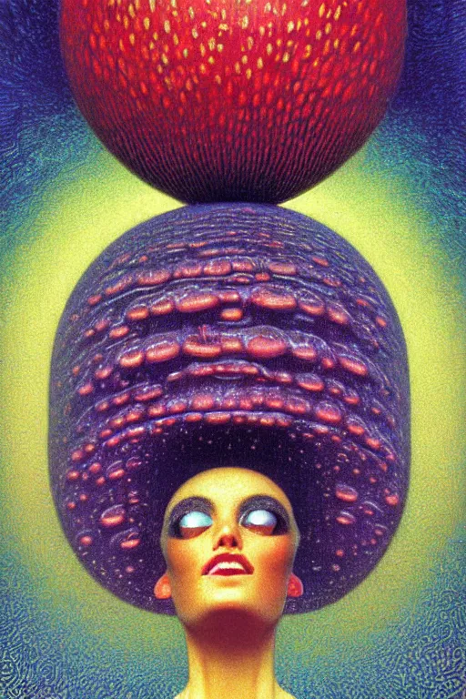 Image similar to 8 0 s art deco close up portait of mushroom head with big mouth surrounded by spheres, rain like a dream digital painting curvalinear clothing cinematic dramatic fluid lines otherworldly vaporwave interesting details epic composition by artgerm rutkowski moebius francis bacon gustav klimt