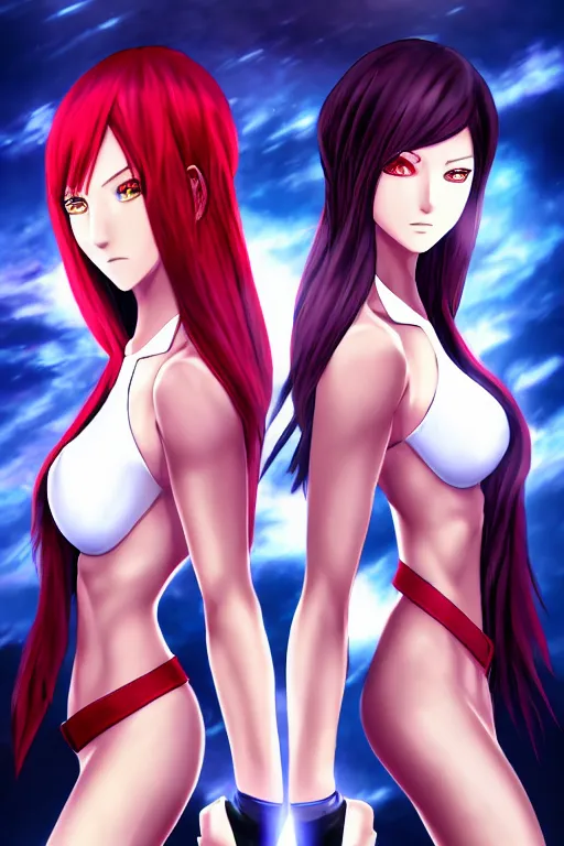 Prompt: two beautiful identical female fighters facing each, dim lighting, gorgeous features, high resolution, detailed digital anime art