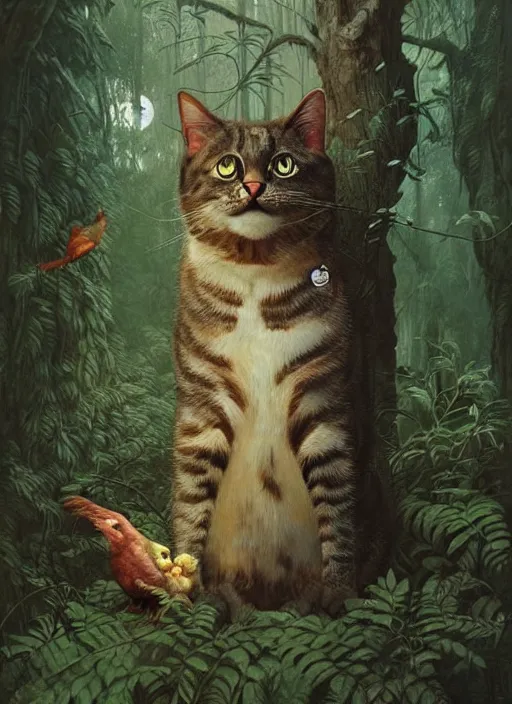 Image similar to a hyper realistic illustrated cat with playing with a bird in the woods gorgeous lighting, lush forest foliage painting by chiara bautista and beksinski and norman rockwell and greg rutkowski weta studio, and lucasfilm