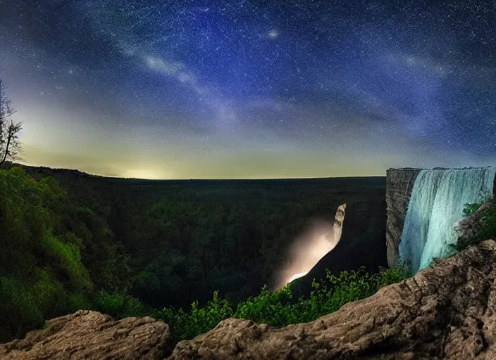 Image similar to a long capture photo of a magical waterfall, high cliff, night, stars in the sky