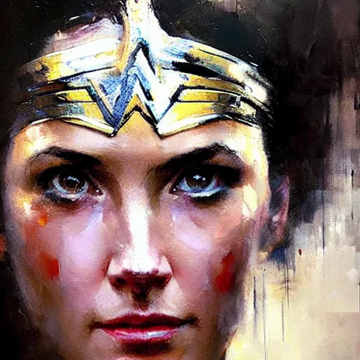 Prompt: face protrait of wonder woman, realistic, ultrahd, jeremy mann painting