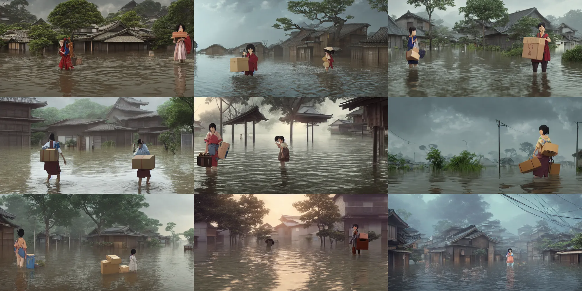 Prompt: a animation key shot of a flooded Japanese village with a mother carrying a box of her belongings trying to survive medium shot, waist up, studio Ghibli, Pixar and Disney animation, sharp, Rendered in Unreal Engine 5, anime key art by Greg Rutkowski, Bloom, dramatic lighting