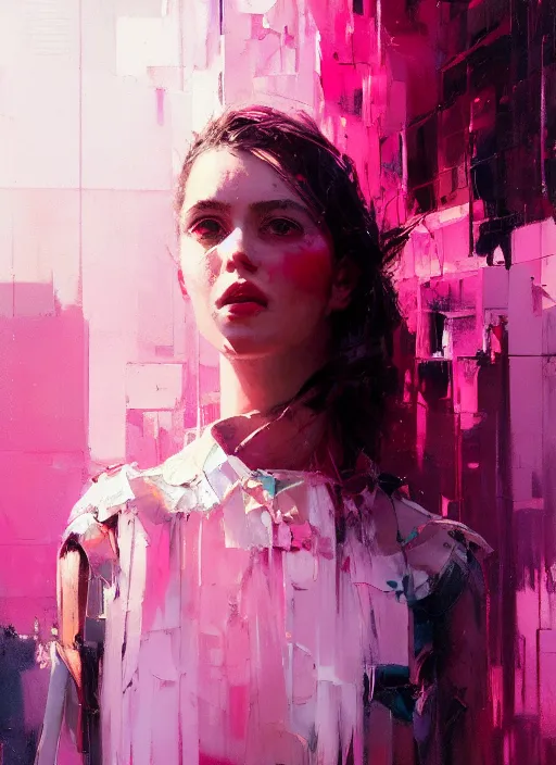 Image similar to outdoor portrait of a beautiful girl, shades of pink, beautiful face, rule of thirds, intricate outfit, spotlight, by greg rutkowski, by jeremy mann, by francoise nielly, digital painting