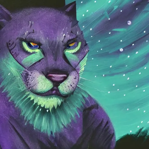 Image similar to closeup of a purple panther roaring at the moon in the forest. night. large moon in the center. detailed eyes. sharp teeth. cinematic. painting. concept art. rustic. gritty.