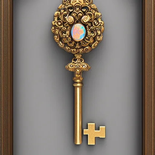 Prompt: opal jeweled, ornate key in a glass display case : : 4 k, quixel megascans, photorealism, cgi, digital concept art, redshift render, physically based rendering, cinematic, filmic