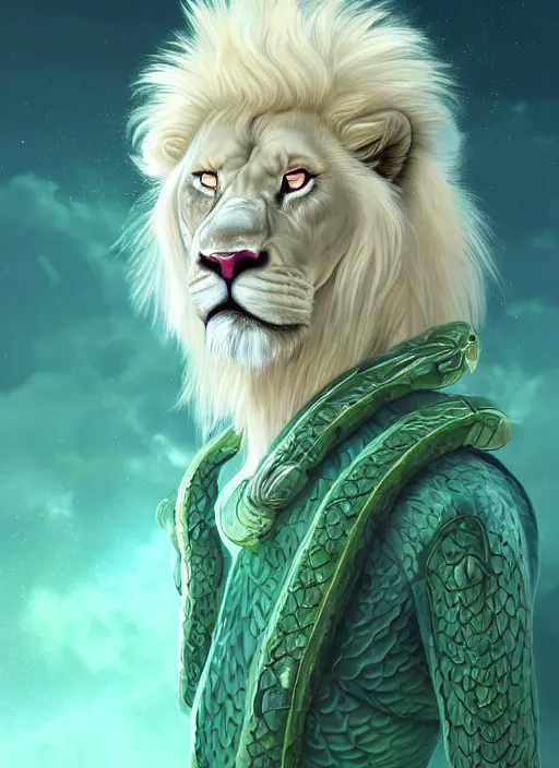 Prompt: aesthetic portrait commission of a of a male fully furry muscular anthro albino lion with a tail and a beautiful attractive hyperdetailed face with a pet green snake curling around his neck, wearing stylish and creative wearing mint outfit made out of silk in a sci-fi dystopian city at golden hour while it storms in the background. Character design by charlie bowater, ross tran, artgerm, and makoto shinkai, detailed, inked, western comic book art, 2021 award winning film poster painting