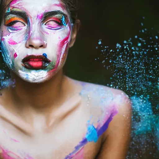 Image similar to a girl with cracked skin painting her face with paint, 5 0 mm lens, f 1. 4, sharp focus, ethereal, emotionally evoking, head in focus, volumetric lighting, blur dreamy outdoor,