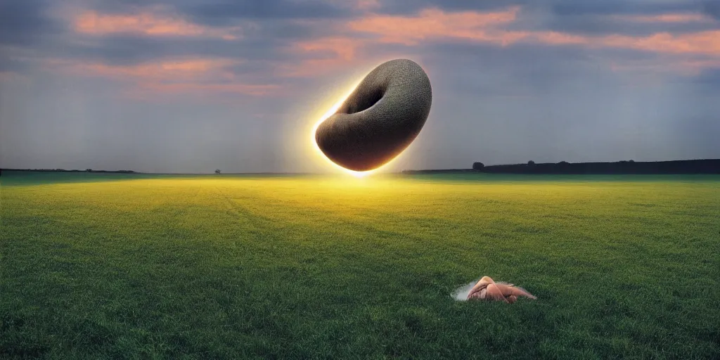 Image similar to hipgnosis storm thorgerson artwork a giant ear floating above a field in england at sunrise