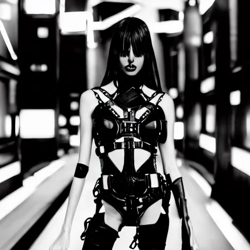 Prompt: fashion black and white photography of an alien model, wearing demobaza fashion, inside berghain, berlin fashion, harness, futuristic fashion, dark minimal outfit, photo 3 5 mm leica, hyperdetail, berghain, 8 k, very detailed, photo by nick knight