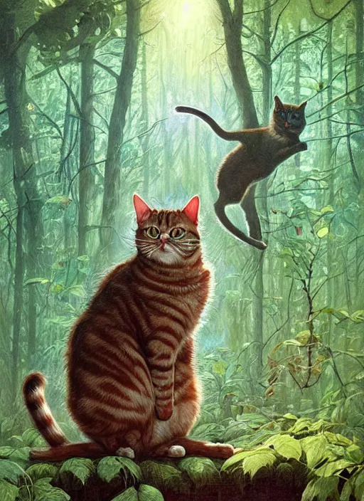 Image similar to a hyper realistic illustrated cat with happy lighting playing in the woods gorgeous lighting, sunbeams blue sky, lush forest foliage painting by chiara bautista and beksinski and norman rockwell and greg rutkowski weta studio, and lucasfilm