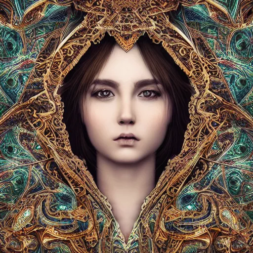 Image similar to wonderful princess of fractals and patterns, beautiful face, hyper detailed, background intricate and detailed, ornate 8 k gorgeous intricate detailed, octane render