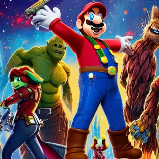 Prompt: Chris Pratt as Super Mario in a guardians of the Galaxy movie background