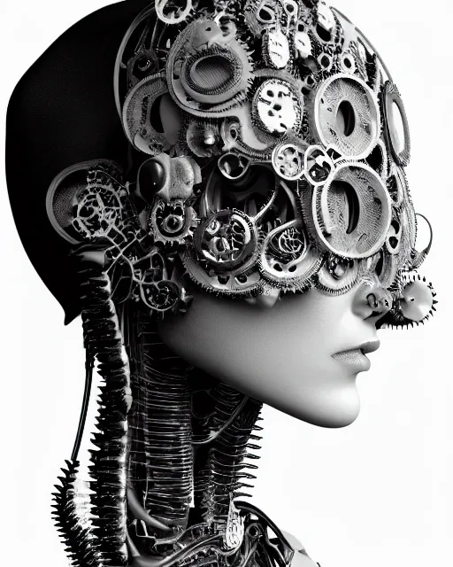 Image similar to black and white dreamy foggy profile face portrait, one steampunk cat eye biomechanical beautiful young female cyclope - cyborg - robot bust, body ribs meshes,, volumetric light, hibiscus flowers, by hg giger, rim light, by dora maar and cecile beaton, big gothic fashion pearl embroidered collar, 8 k