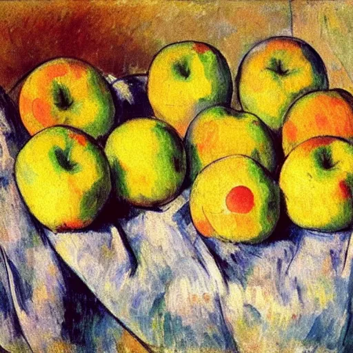 Prompt: a gauguinesque, russet painting of apples on a cloth cloth is sitting down by cezanne, featured on flickr, post - impressionism, fauvism, picasso, impressionism