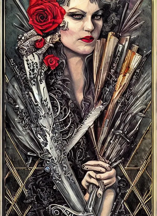 Image similar to tarot card :: horror :: vampires and draculas :: the great gatsby :: hearts and roses :: gold and silver :: guns and swords :: side profile :: highly details :: intricate details :: Sandra Chevrier and bastien lecouffe deharme