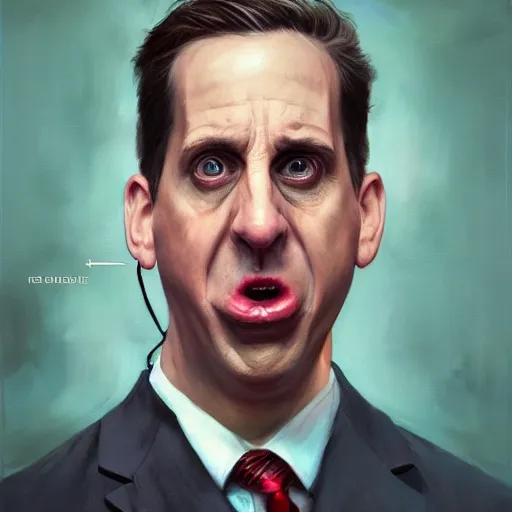 Image similar to hyper realistic, surreal, portrait of michael scott making silly absurd faces, painted by greg rutkowski, wlop, loish,