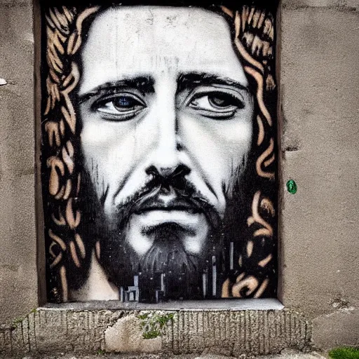 Prompt: Street-art portrait of Jesus in style of Banksy, photorealism