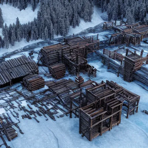 Image similar to top down drone footage of post pocaliptic frostpunk landscape, old lumber mill and few trees remains, crates with wood and supply, beautiful icy area