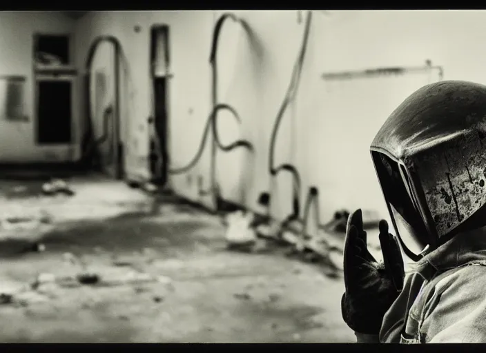 Image similar to welder in welding mask in an abandoned asylum, by richard avedon, tri - x pan stock