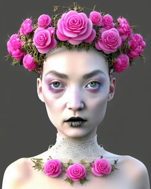 Image similar to dreamy surreal poetic pinky 3D render of a beautiful young porcelain female-creature-cyborg-vegetal with a very long neck and a super big gothic web lace collar filled with small dead flies and a very high big floral crown with many black dry roses:: smoke, high fashion, haute couture, rococo, avant-garde, elegant, dreamy, hyper realistic, 150 mm lens, soft rim light, octane render, unreal engine, volumetric lighting, dramatic light,8k,