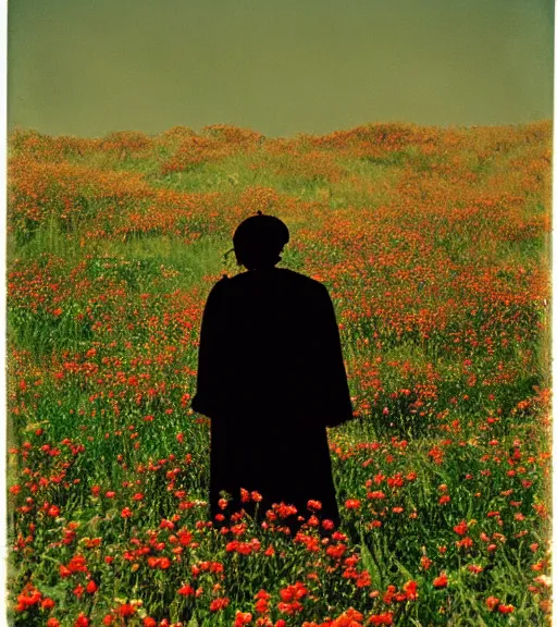 Image similar to mystical black death god standing in tall meadow of flowers, distant, vintage film photo, grainy, high detail, high resolution