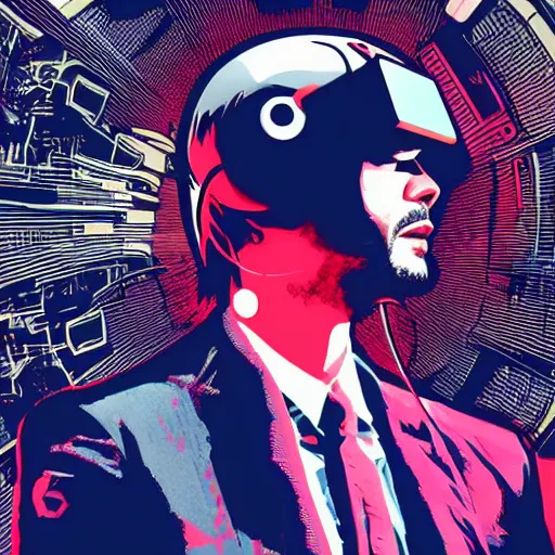 Image similar to Illustrated by Shepard Fairey and H.R. Geiger | Cyberpunk Keanu Reevse with VR helmet, surrounded by cables