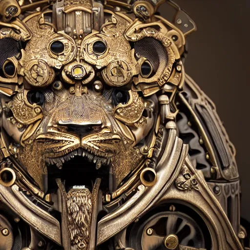 Image similar to A steampunk ornate lion made of engraved full plate armor and gears, Macro shot by Justin Gerard, unreal engine, physically based rendering