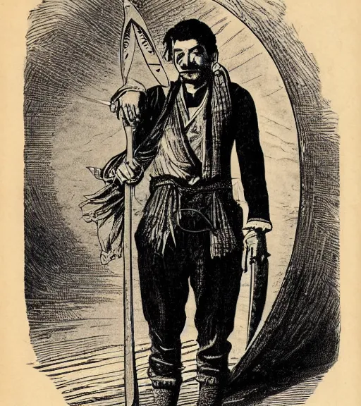 Prompt: 19th century wood-engraving of Ryūko Matoi cosplayer holding Scissor Blade, whole page illustration from Jules Verne book, art by Édouard Riou Jules Férat and Henri de Montaut, frontal portrait, high quality, beautiful, removed watermarks