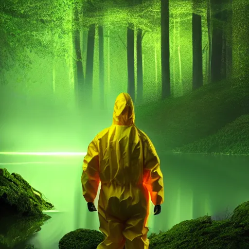 Image similar to a man in a yellow hazmat suit stands in a detailed forest and pours glowing green liquid into a magical river, photorealistic painting, concept art, rendering, octane, redshift, cinematic composition, volumetric lighting