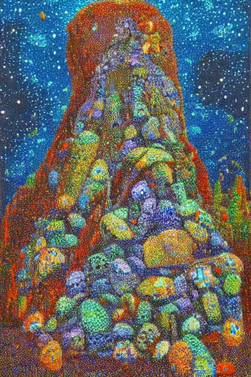 Prompt: a night time scene with a big pile of rocks in the shape of a character, decorated with transparent insects emitting light, pointillism, oil on canvas, playstation, 9 0's