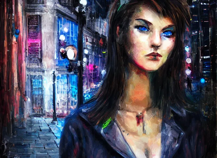 Image similar to detailed portrait of a punk girl with blue eyes in the city street at night, bokeh, long exposure, painting by enki bilal christopher doyle