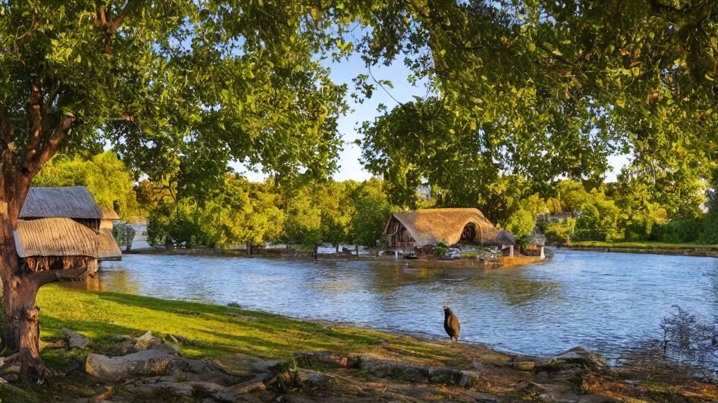 Image similar to small wooden cottage by the river, a tree with vines wrapped around it, two crows on the tree, tranquility, arch stone bridge over the river, an old man riding a horse on the bridge, sunset