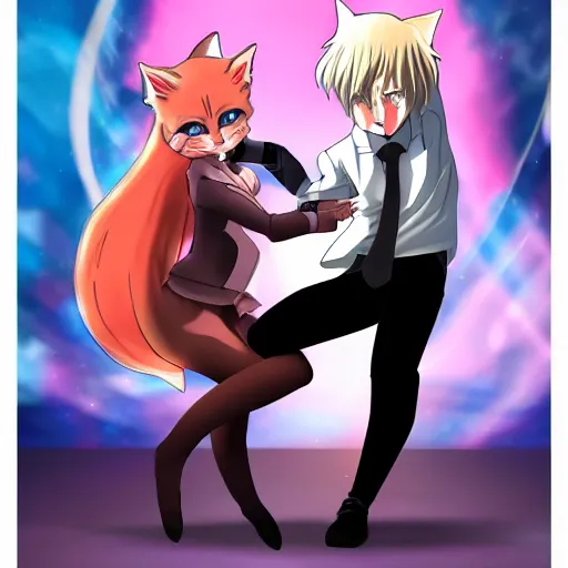 Image similar to cell shaded anime key visual of boris johnson as a catgirl dancing with a catgirl, dramatic lighting