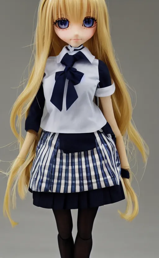 Prompt: dollfie in school uniform, blonde hair, blue eyes, black skirt and white blouse