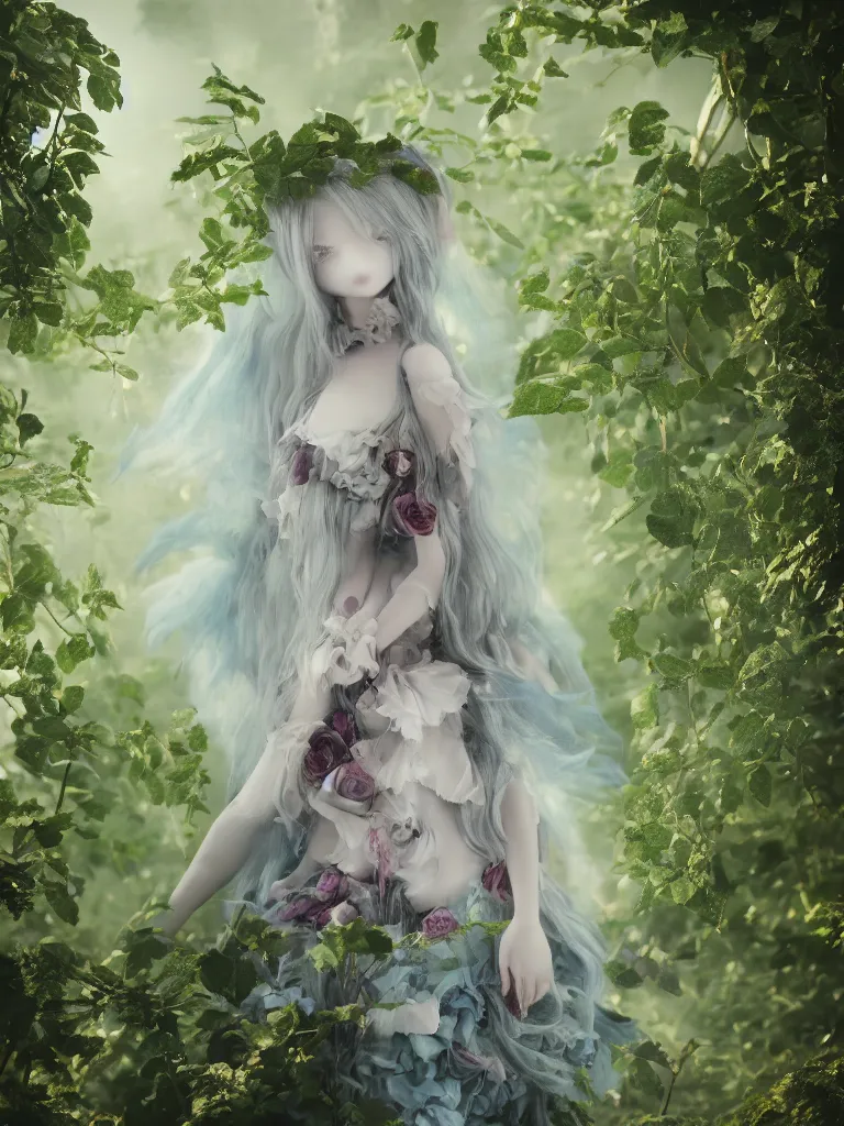 Image similar to cute fumo plush girl among vines in the middle of a foggy rose garden under a blue sky, beautiful glowing ethereal gothic magical wraith fairy girl with dark eyes, tattered dress, bokeh, vray