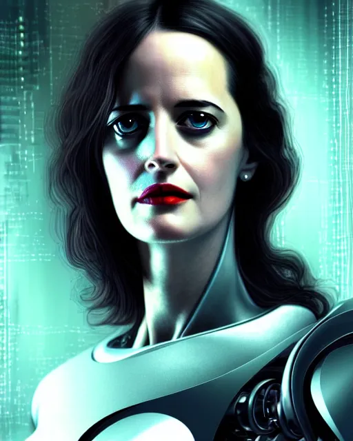 Image similar to eva green, robot, character portrait, portrait, close up, concept art, intricate details, highly detailed, sci - fi poster, cyberpunk