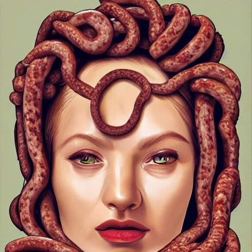 Image similar to medusa with sausages instead of snakes, sausage hair, photorealistic, illustration